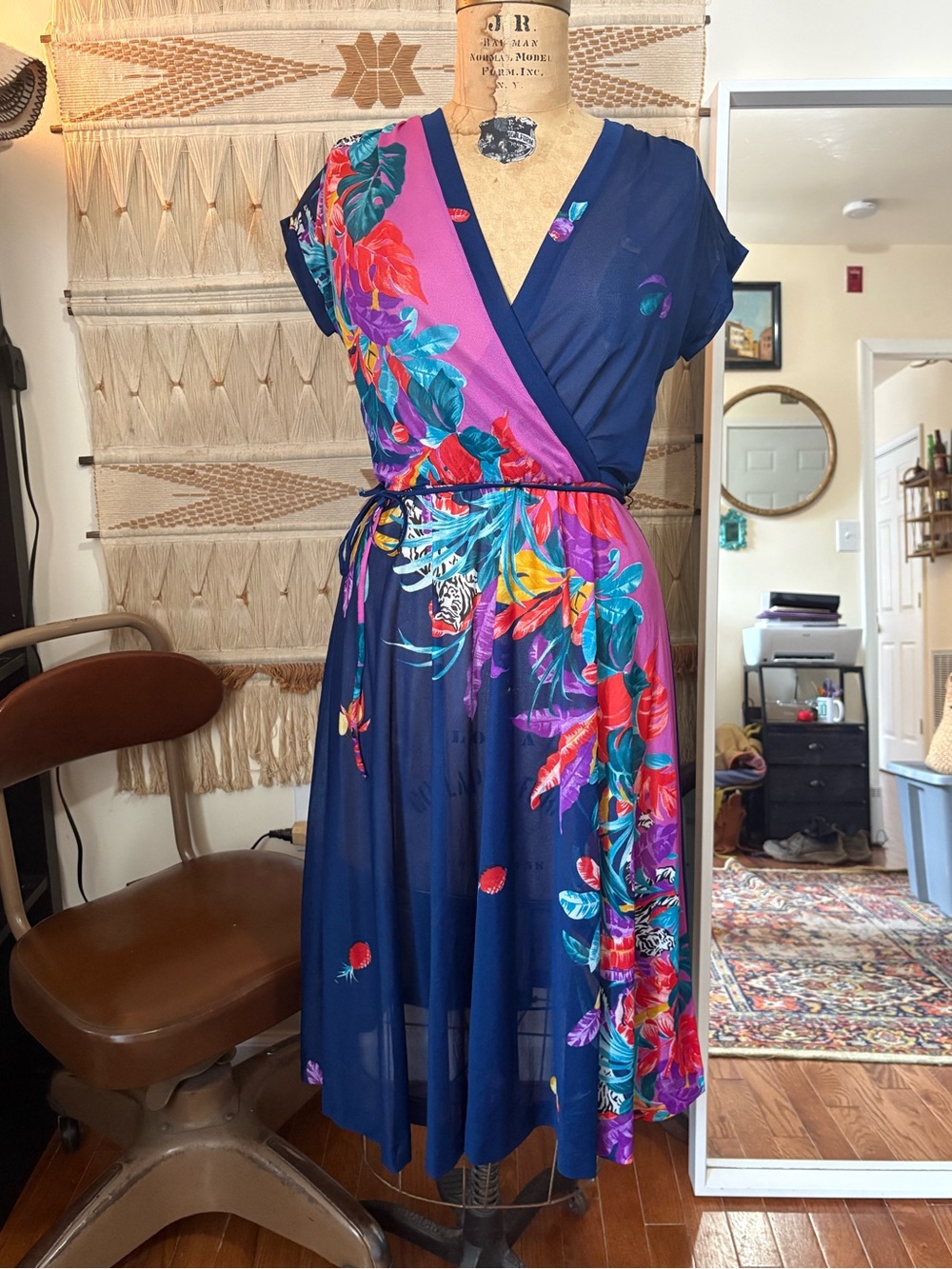 Women’s Vintage Navy Floral Wrap Dress with Pineapple and Tiger Print